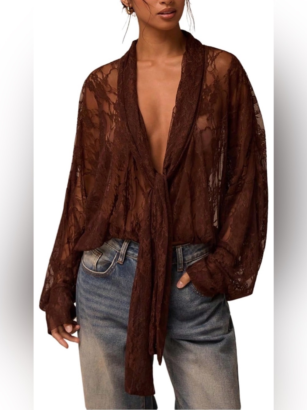 NWT Chocolate Brown Sheer Lace Tie Neck Blouse | Romantic Boho Top | Sizes XS-XL